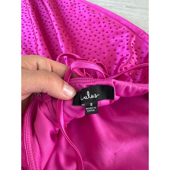 Lulus Radiant Stunner Hot Pink Satin Rhinestone Lace Up Maxi Prom Dress - Picture 4 of 6